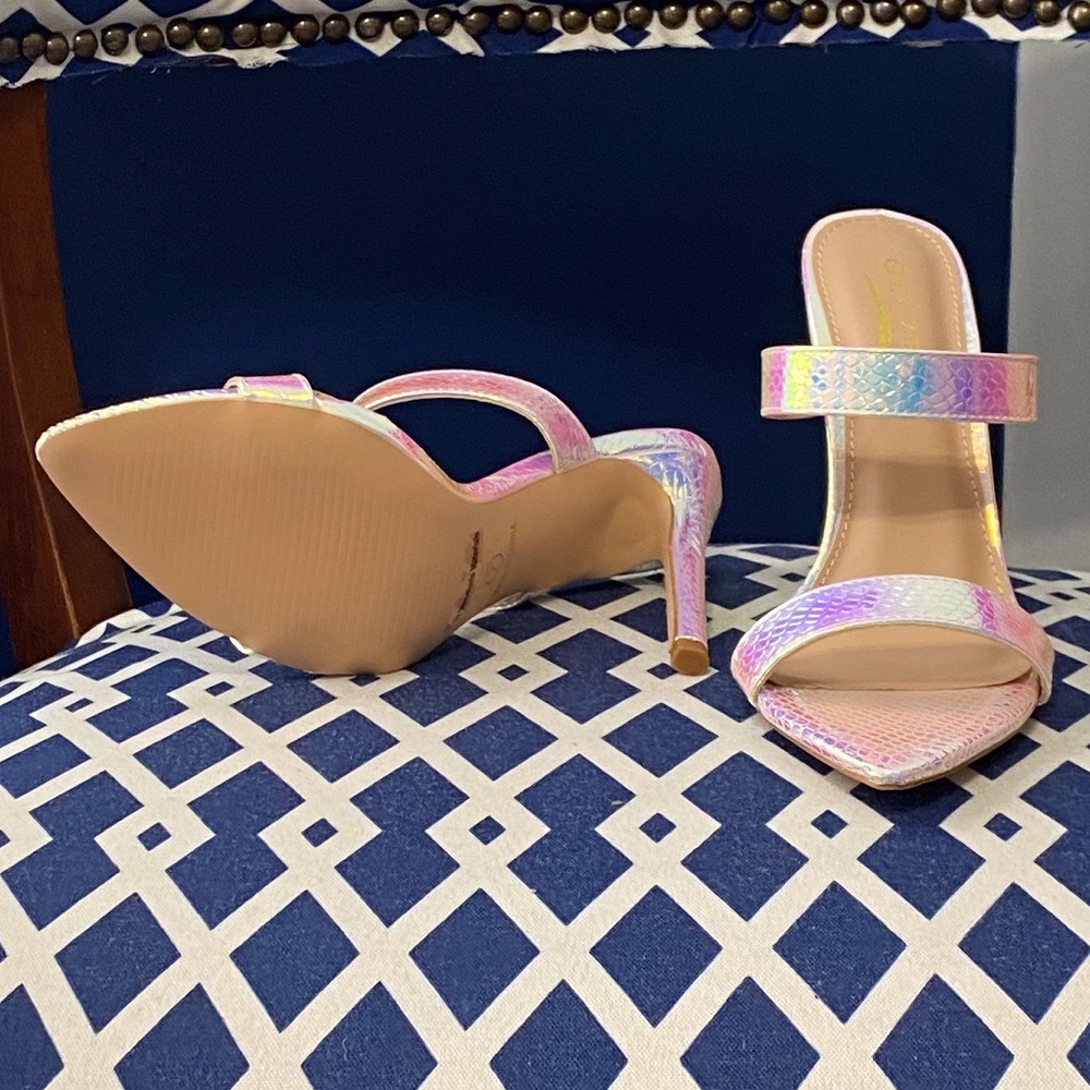 White pink iridescent mermaid two strap mule heels - Picture 2 of 5